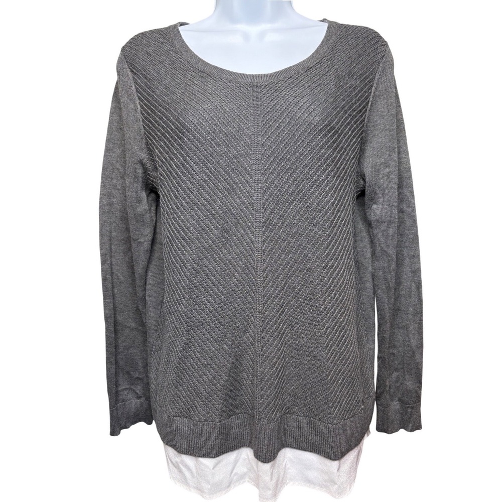 CALVIN KLEIN Womens Gray Pullover Sweater M Layered Chevron Knit Minimalist Chic